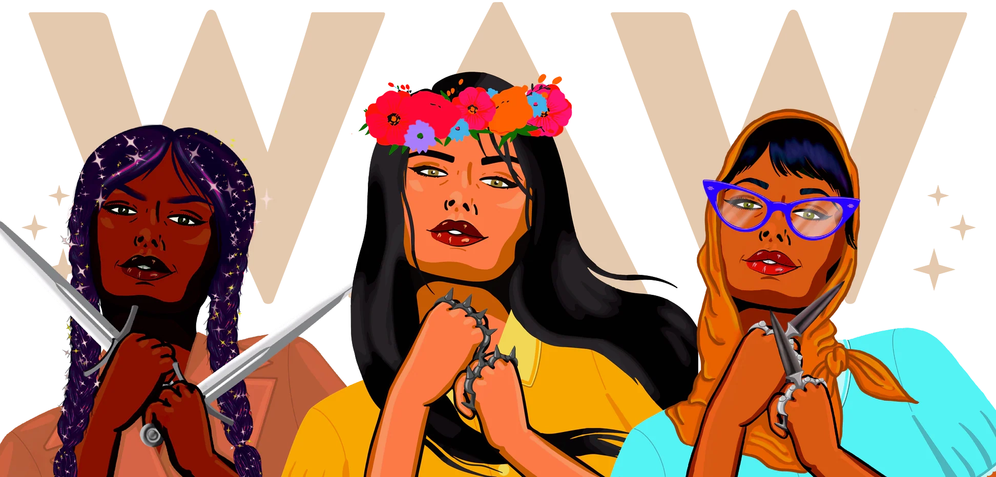 NFT art by Sara Baumann depicting female pioneers of Web3 in Western frontier style