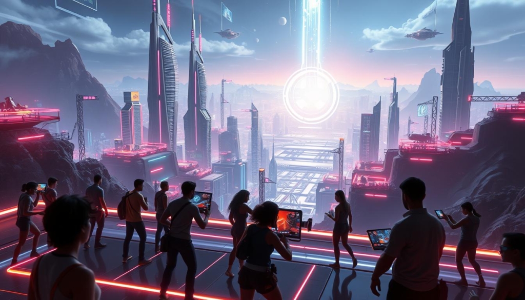 A futuristic, neon-lit metaverse landscape, showcasing the seamless integration of blockchain gaming. In the foreground, a group of diverse avatars engage in a dynamic, multiplayer game session, their movements and actions reflected in the surrounding virtual environment. The middle ground features a sprawling cityscape of towering, gleaming skyscrapers and floating platforms, with holograms and data streams crisscrossing the scene. In the background, a shimmering, ethereal portal symbolizes the boundless possibilities of the metaverse, where the physical and digital worlds converge, powered by the decentralized architecture of blockchain technology. The scene is illuminated by a warm, ambient glow, creating a sense of wonder and technological advancement.