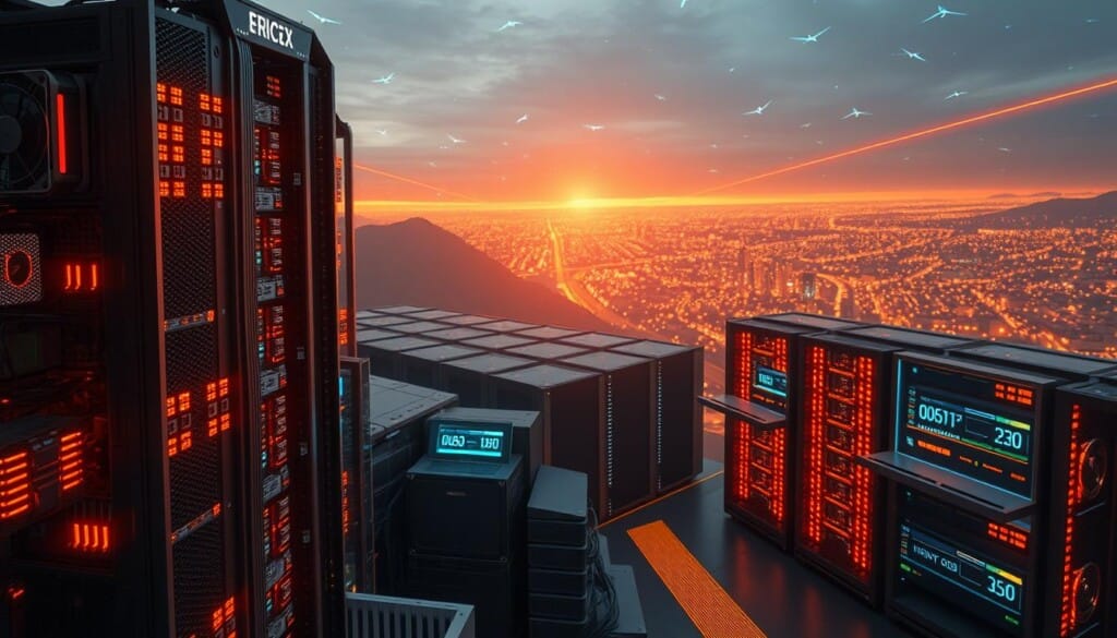 A dramatic evolution of cryptocurrency mining unfolds, with cutting-edge rigs and glowing holographic displays illuminating a futuristic landscape. In the foreground, a towering rig with intricately designed heat sinks and fans hums with power, its diodes pulsing in a mesmerizing rhythm. In the middle ground, a cluster of mining nodes operate seamlessly, their status displayed on sleek, minimalist interfaces. The background is a vast, panoramic vista of gleaming server racks and intricate cooling systems, all bathed in an ethereal, neon-tinged glow. The scene conveys a sense of technological sophistication, efficiency, and the unstoppable march of progress in the world of cryptocurrency mining.