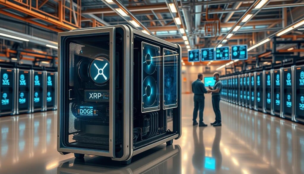 A futuristic factory floor bathed in a warm, diffused lighting. In the foreground, an advanced mining rig - its sleek metallic chassis housing cutting-edge XRP and DOGE mining hardware. The rig's intricate internals are visible through strategically placed transparent panels, showcasing the innovative technology at the heart of QuidMiner's operations. In the middle ground, a team of technicians in protective gear monitor the rig's performance on a series of holographic displays, their movements precise and efficient. The background reveals a panoramic view of the mining facility, where rows of similar rigs are hard at work, the hum of their cooling systems creating a soothing, technological ambiance. The overall scene conveys a sense of progress, innovation, and QuidMiner's mastery of the modern mining landscape.